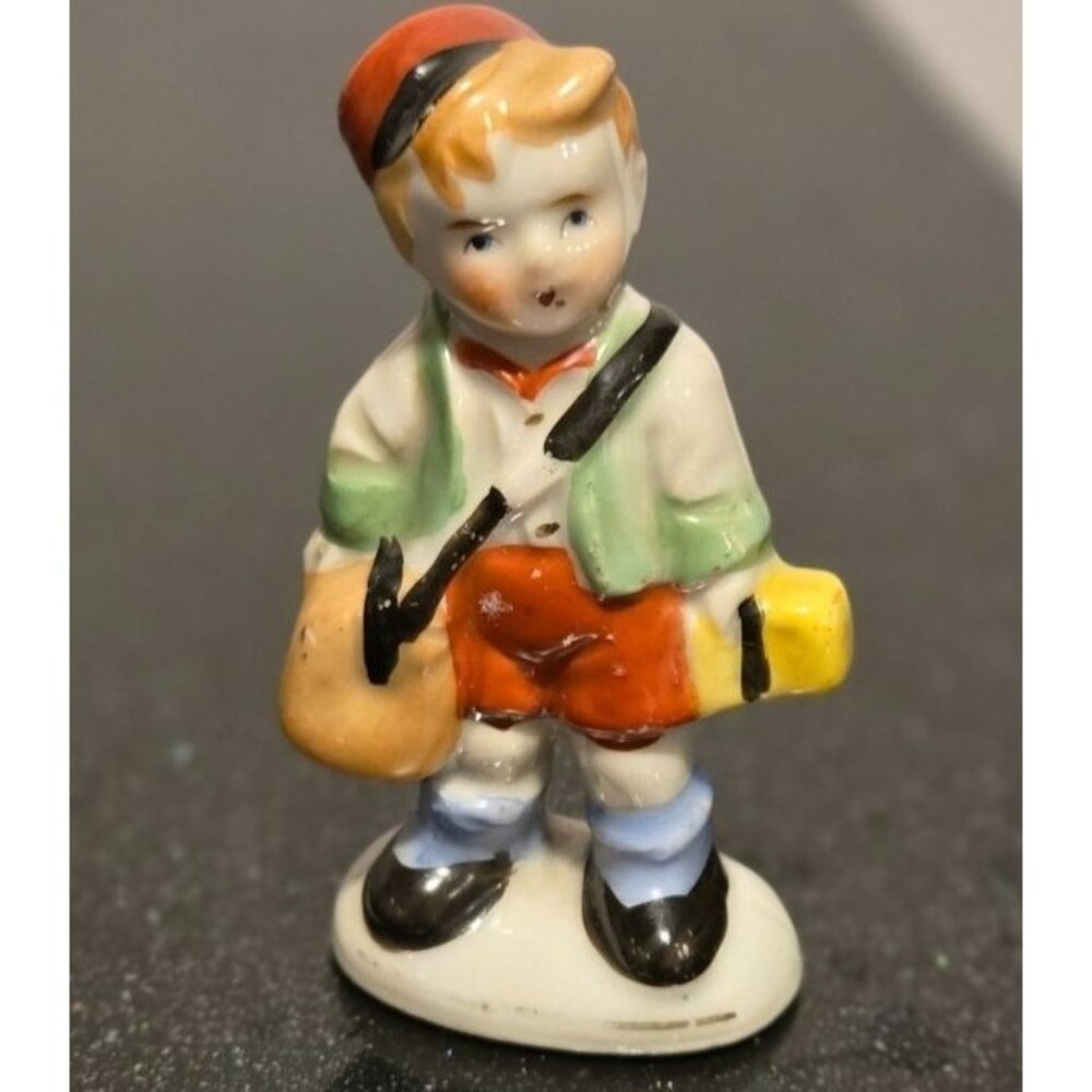 VTG Occupied Japan red head Child with Bag School boy Collectible figurine 3.5"